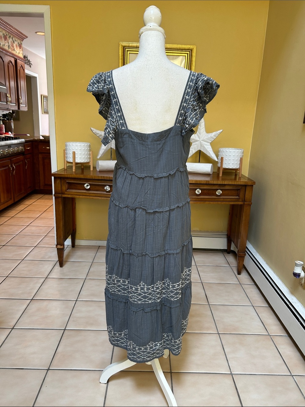 Knox Rose Square Neck Blue Grey Tiered Ruffle Embroidered Cotton LARGE Sundress - Picture 12 of 16
